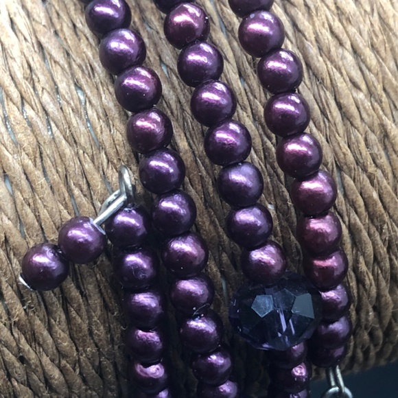 Eggplant Purple Faux Pearl 3 Coil Strand Wrap Bracelet - Picture 11 of 15